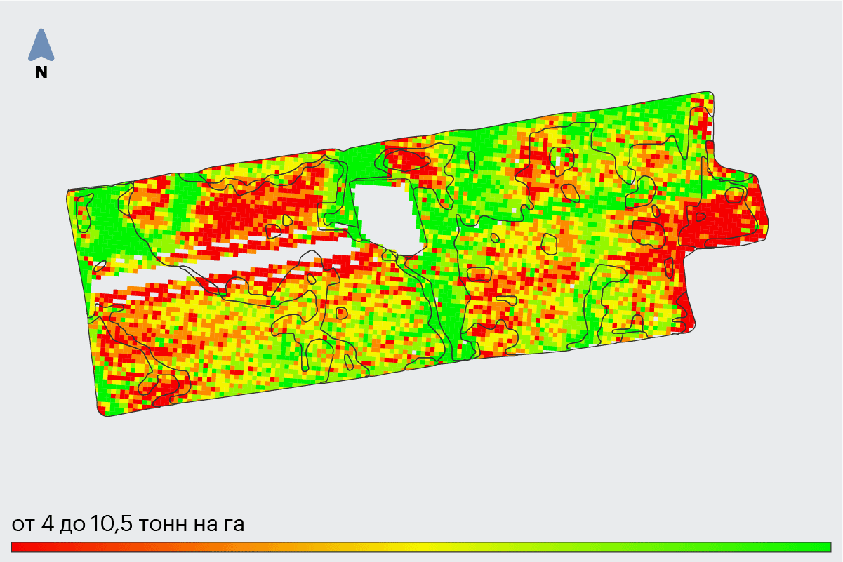 Карта урожайности поля Аполлон. Создана по данным с бортового компьютера.